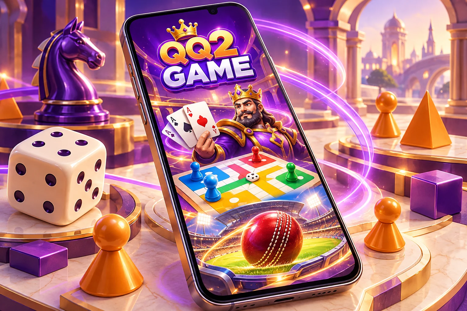 QQ2 Game concept phone with a card king, board pieces and cricket illustration, not a real app screen
