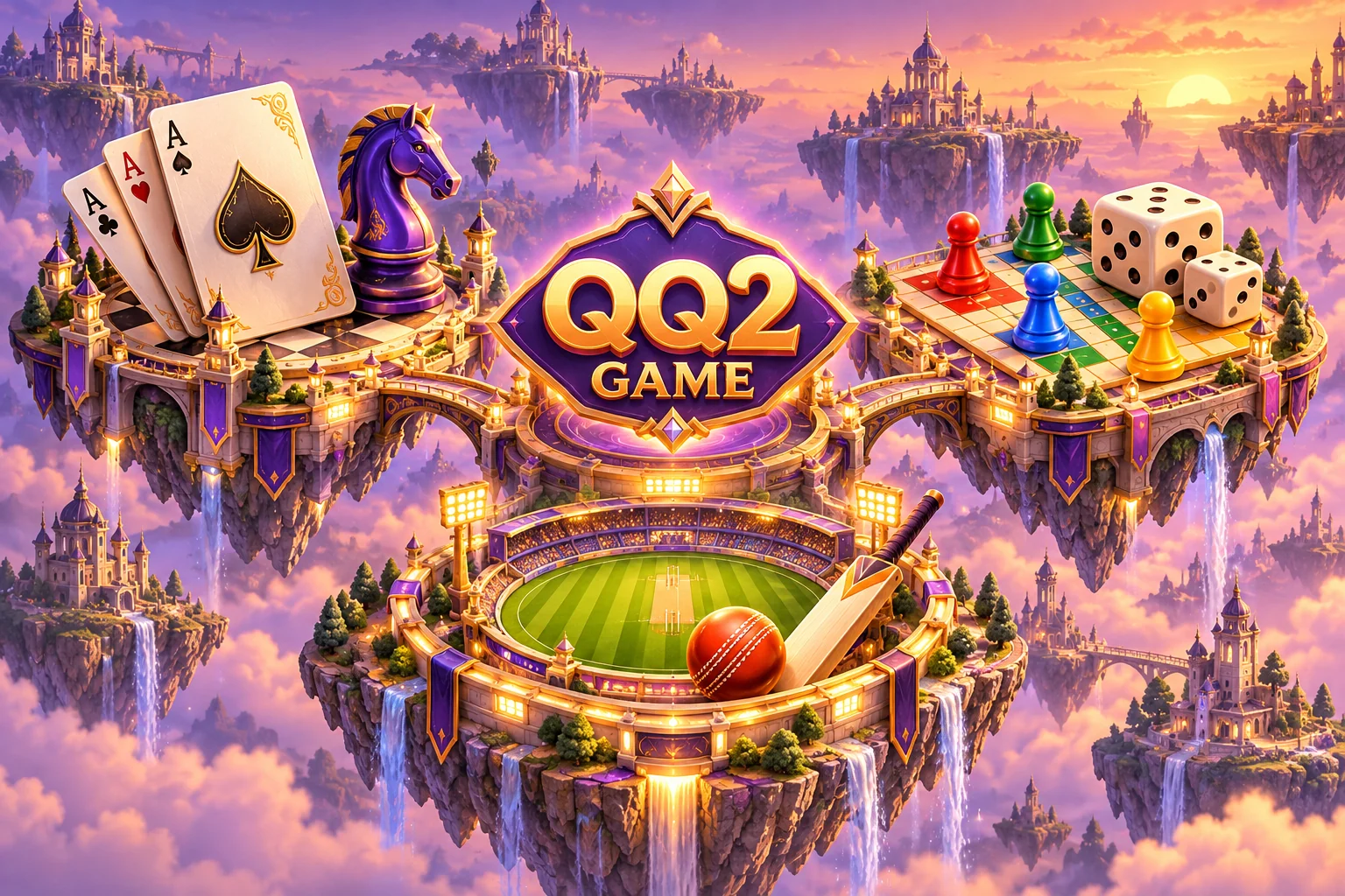 QQ2 Game floating worlds with cards, a chess knight, ludo pieces and cricket stadium